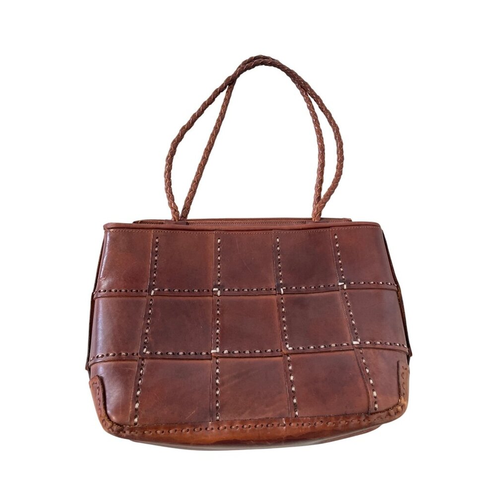 Ellepi Patchwork Genuine Leather Tote Bag Woven Double Handle Shoulder Bag Boho